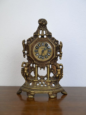 Vintage Baroque Style Table Clock Used, Brass Frame