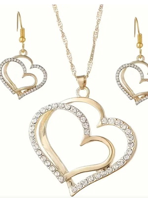 Necklace and earrings with heart design like new, gold color