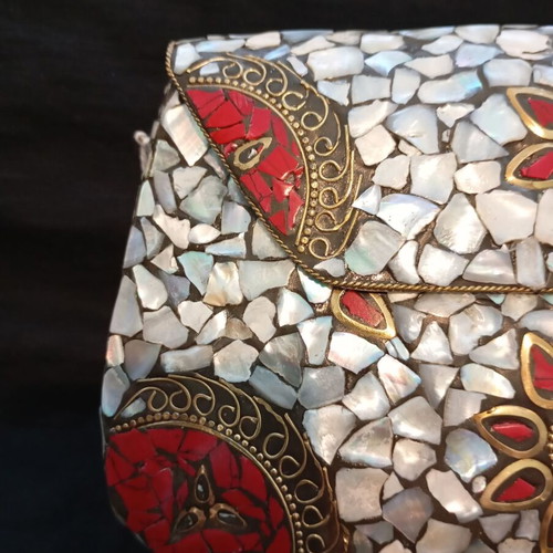 Handmade metal mosaic clutch with mother of pearl and gold chain, like new