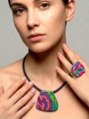 Jewelry set handmade necklace and ring with green shades