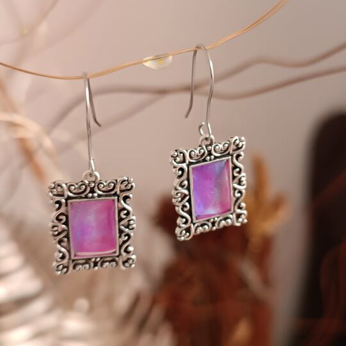 Earrings handmade from scratch with iridescent purple-turquoise cadrakia, silver hooks