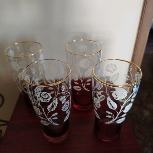 Vintage water glasses used, set of 4, thin glass with gold finish