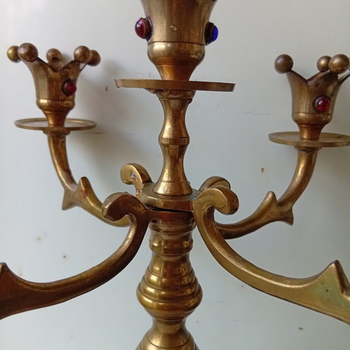 Brass candlestick with inlaid stones, 30.5 cm