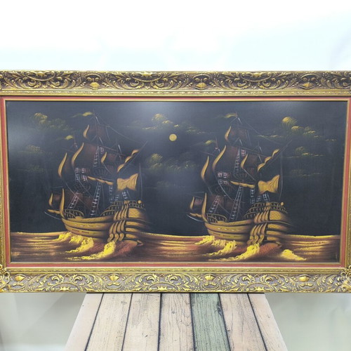 Painting with golden sailing ships under full moon, like new