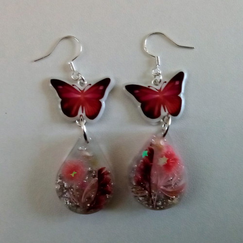 Handmade earrings with butterflies and pink flowers, new