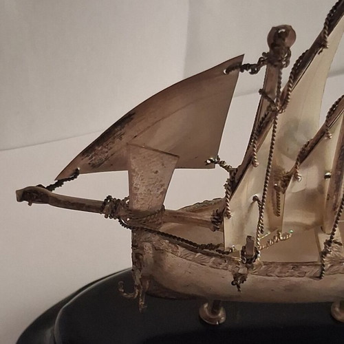 Maltese Dgħajsa Sailing Ship Sterling Silver 925 Miniature on Base