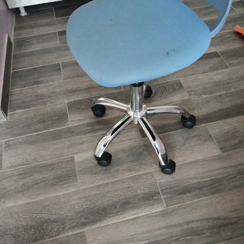Office chair used, sky blue, swivel with fabric seat and plastic back