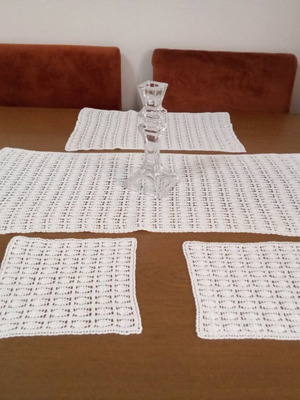 Handmade white knitted table linen set 4 pieces new