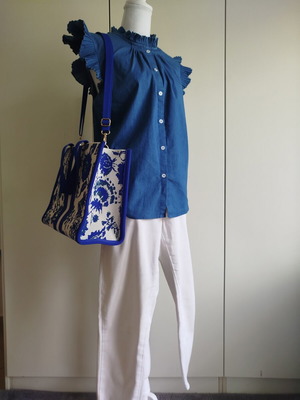 Axel cotton denim shirt large new, blue with ruffled sleeves
