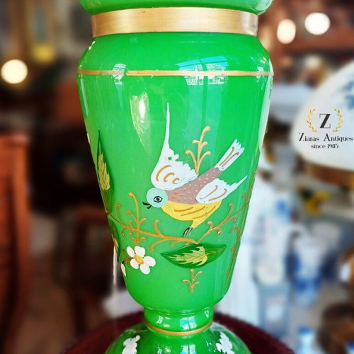 Vintage table lamp with green opaline base and floral bird motifs