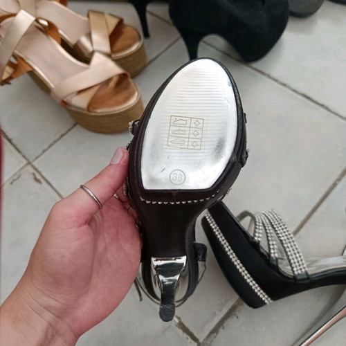 Satin sandals with rhinestones new, size 38, black and silver