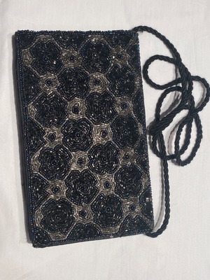 Handmade black evening shoulder bag with beads