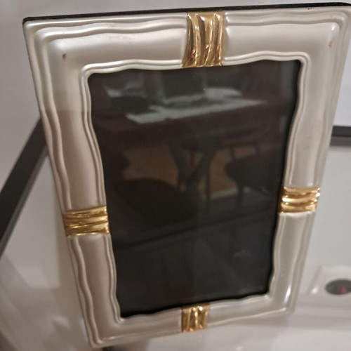 Silver photo frame used, 18x12 cm with gold design and velvet back