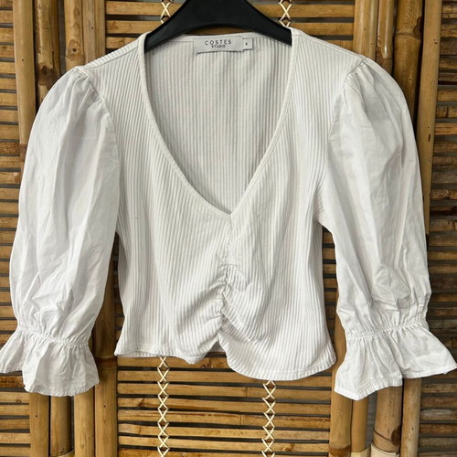 Costes Studio white ribbed puff sleeve top, size S