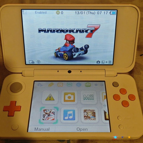 Nintendo 2DS XL with Mario Kart 7, charger and stylus