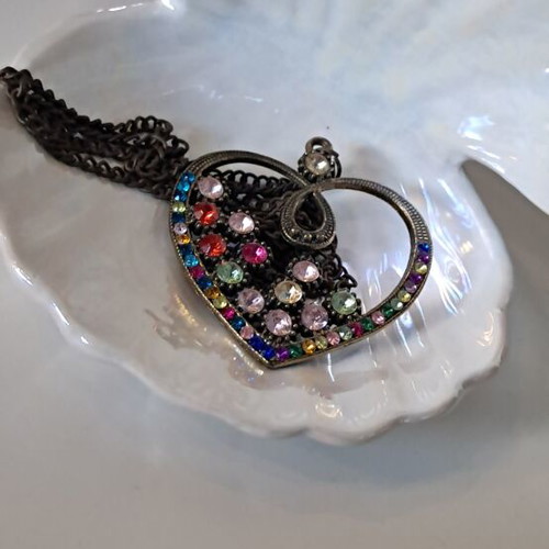 Vintage heart pendant necklace with colorful rhinestones used