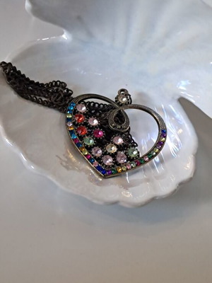 Vintage heart pendant necklace with colorful rhinestones used