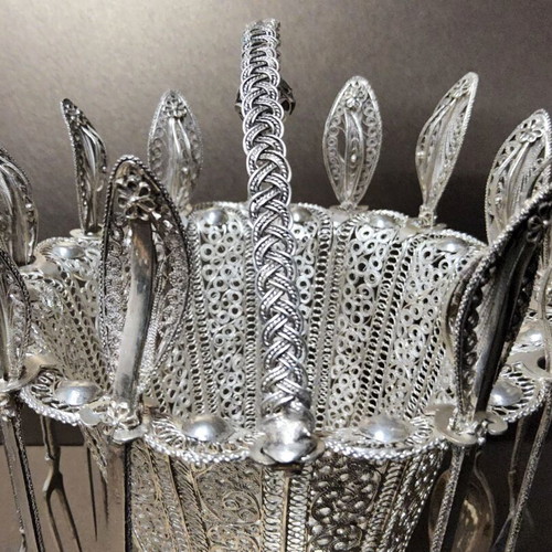 Silver Filigree Sweet Container Set like new, with spoons and forks