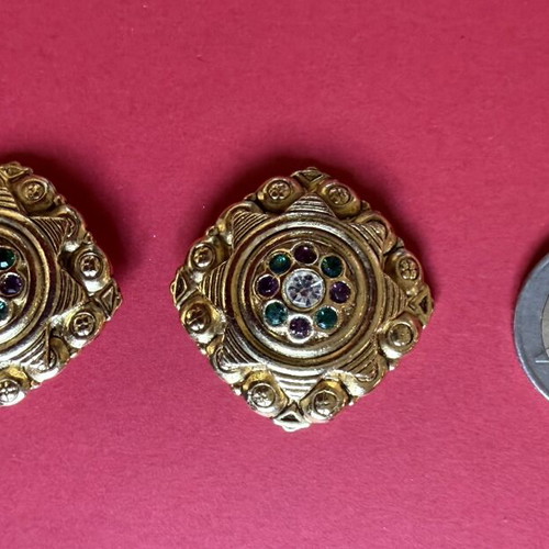 Vintage statement clip-on earrings set of 4, gold tone and crystals