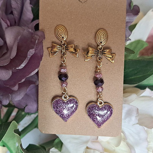 Handmade vintage purple pearl earrings with heart and bow