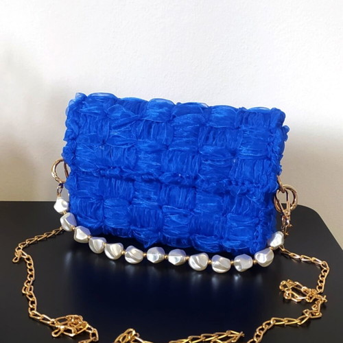 Organza Shoulder Bag new, royal blue with pearl handle and gold chain