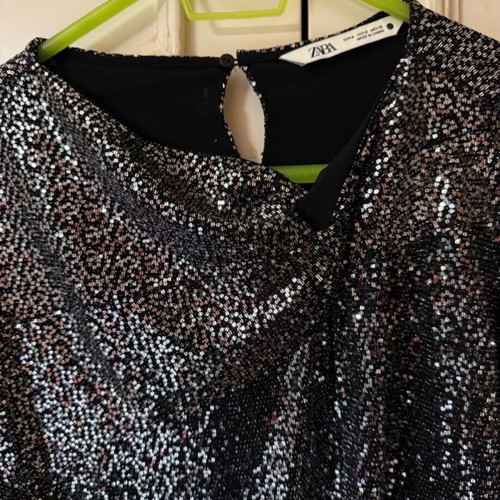 Zara Long-Sleeve Sequin Blouse New, Black with Silver
