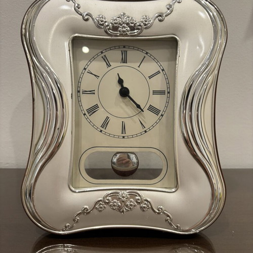 Italian table clock with pendulum, silver 925 details
