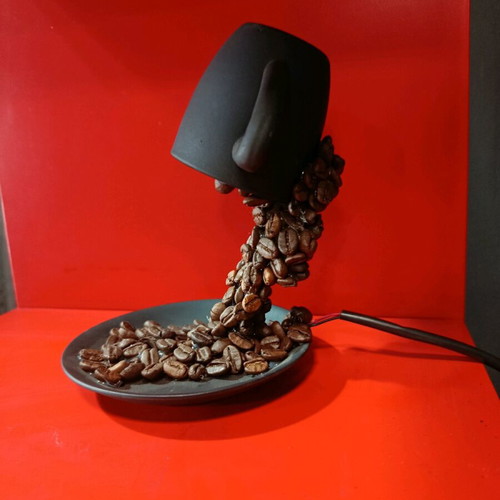Handmade table lamp with porcelain, coffee beans, and 12 LED lights