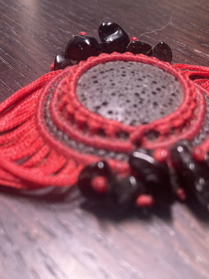 Macrame bracelet with tourmaline and lava stone like new, red and black