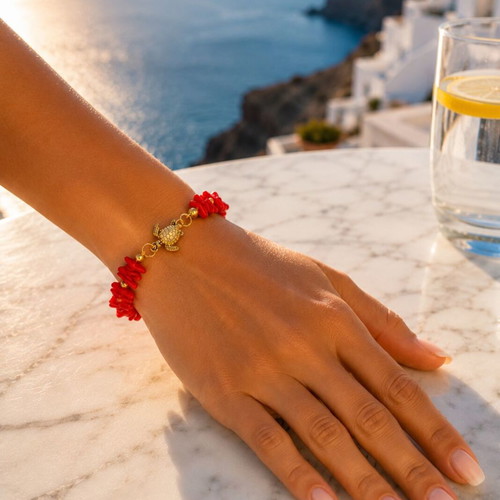 Handmade Bracelet with Semi-Precious Stones Coral and Hematite