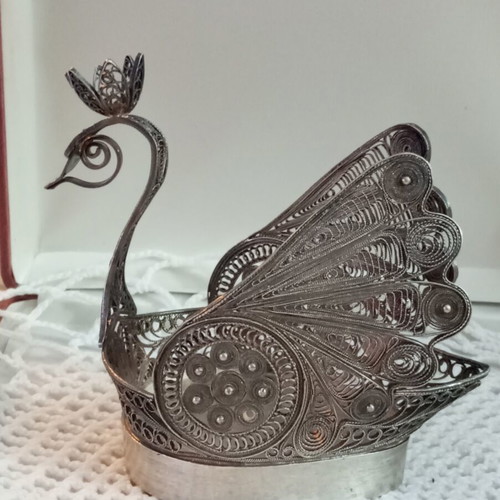 Silver filigree peacock set used, Russian antique, 3 pieces