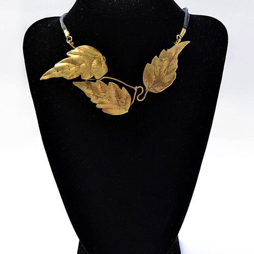 Brass necklace with handmade leaves made to order, gold-colored