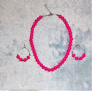 Handmade pink color beaded necklace and earings set