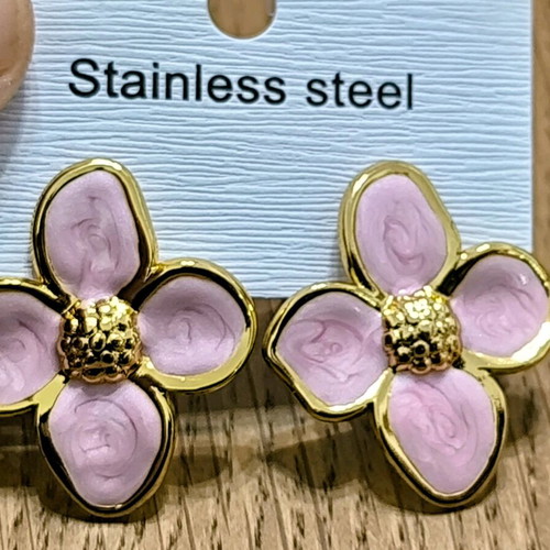Flower earrings new stainless steel pink/gold