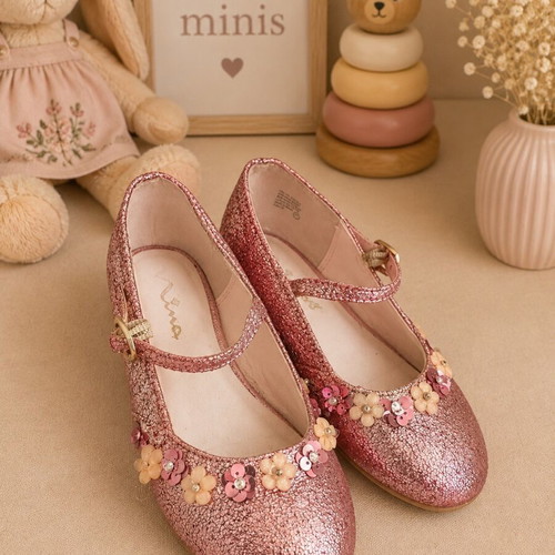 Nina pink glitter ballerinas like new with strap and flowers