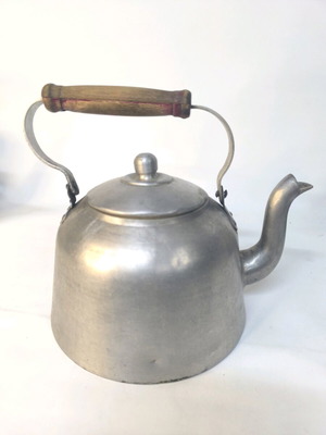 Aluminum teapot vintage used with wooden handle