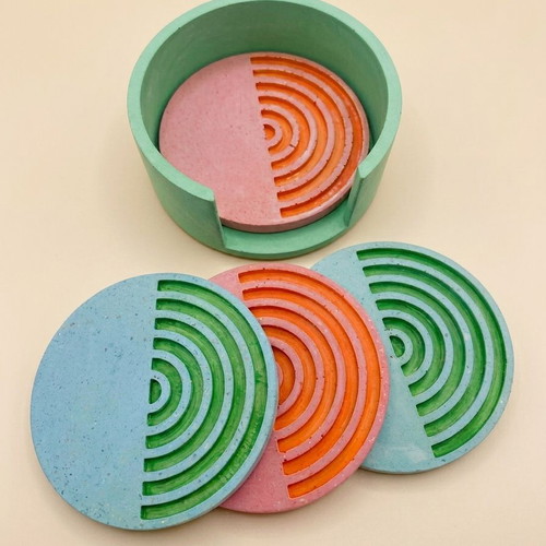 Concrete Coaster Set of 4 with Base Handmade One of a Kind