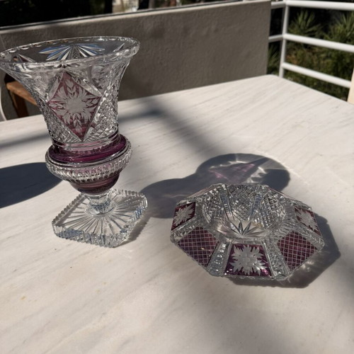 Vintage Amethyst Overlay Crystal Vase and Bowl Set like new