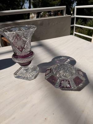 Vintage Amethyst Overlay Crystal Vase and Bowl Set like new