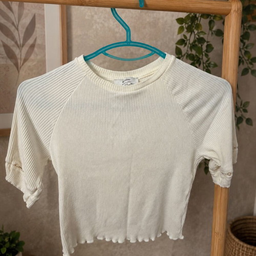 Bershka Ecru Ribbed Short Sleeve Top with Pearl Details, Like New
