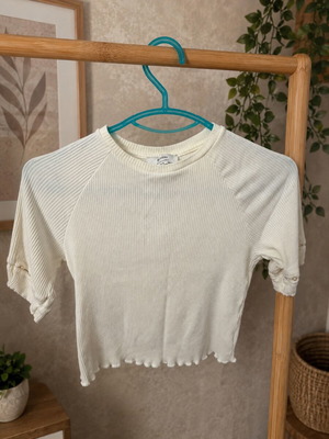 Bershka Ecru Ribbed Short Sleeve Top with Pearl Details, Like New