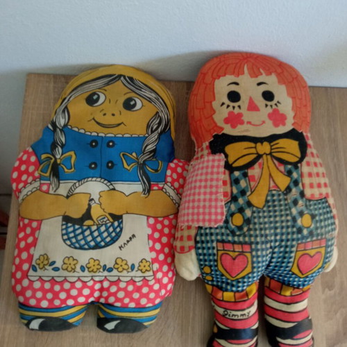 Vintage Raggedy Andy and Clara children's plush pillows used 1970's