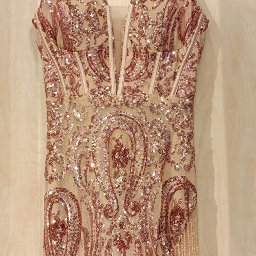 Pink maxi sequin dress like new with side slit and beads