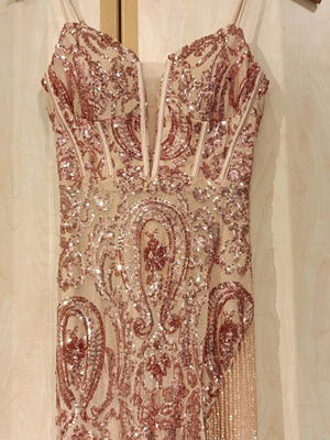 Pink maxi sequin dress like new with side slit and beads