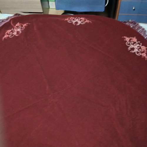 Velvet round tablecloth vintage 1.50m, burgundy with embroidery