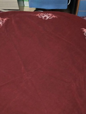 Velvet round tablecloth vintage 1.50m, burgundy with embroidery