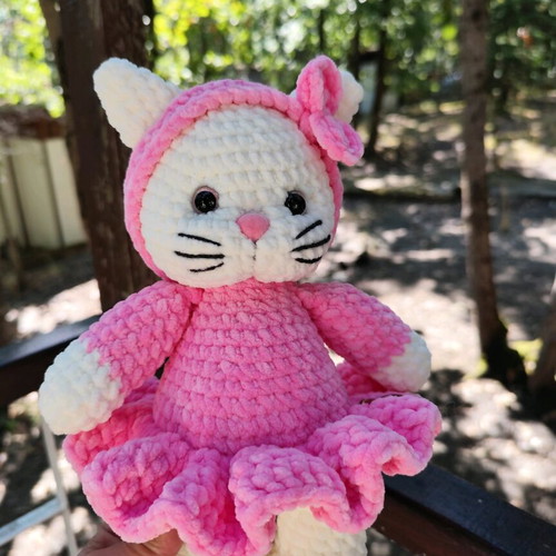 Handmade plush cat 28 cm in pink dress