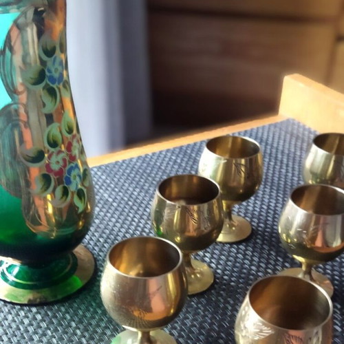 Vintage liqueur set with decanter & 6 glasses (1950s, bronze/copper)