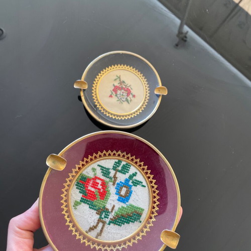 Vintage metal ashtrays with handmade embroidery, used, set of 2