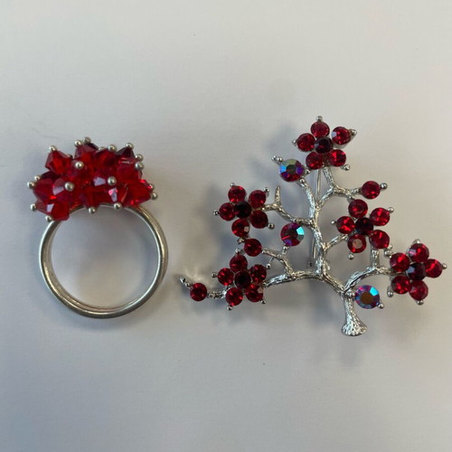 Jewelry set silver with red stones like new, brooch and ring